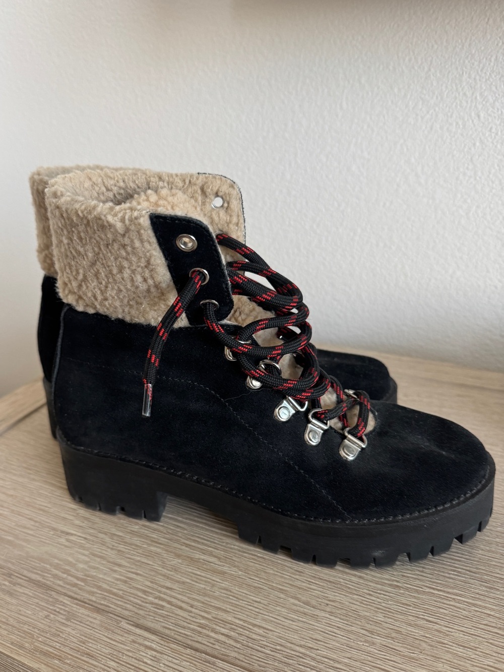 Steve Madden Black Suede Lace-Up Ankle Boots with Cream Shearling Collar